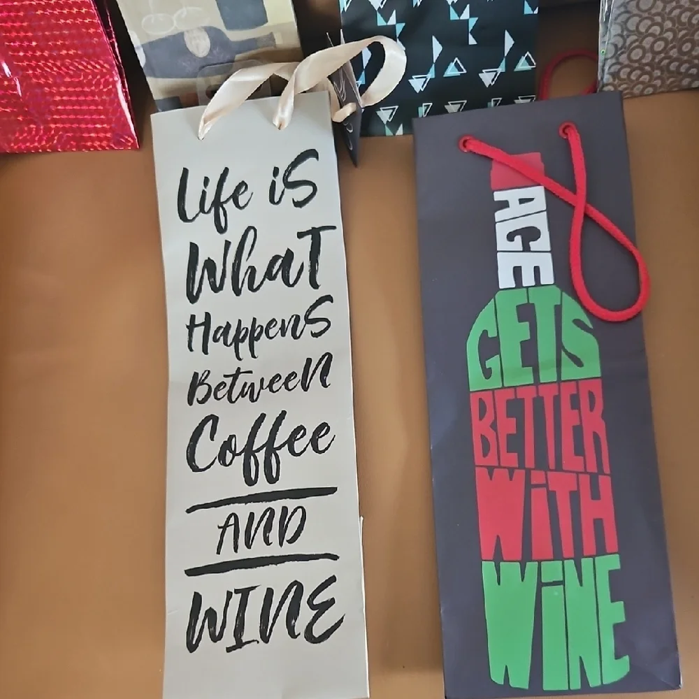 Set of 6 Assorted Wine Gift Bags - Red, Black, White, and Gray.